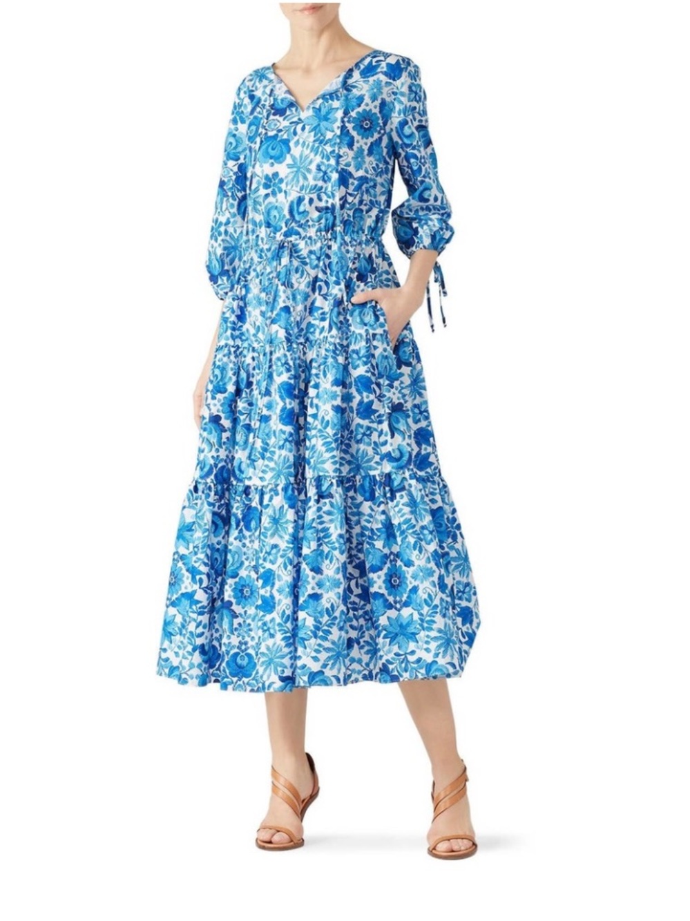 M.D.S. Stripes Blue Floral midi cotton dress. Tie-front. Size 4